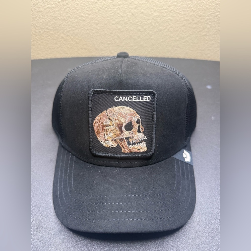 Goorin Bros Cancelled Skull Trucker Hat Black Snapback The Farm NWT